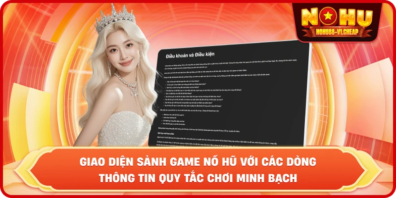 Giao diện sảnh game NỔ HŨ với các dòng thông tin quy tắc chơi minh bạch